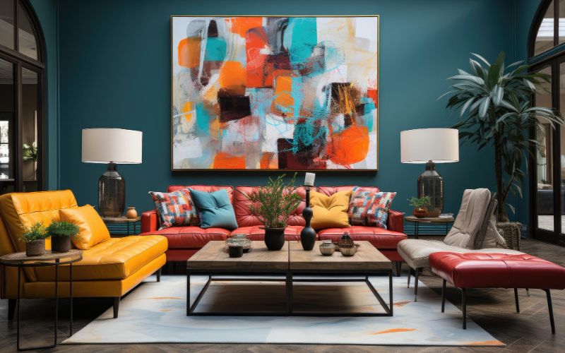 A vibrant living room with a sizable wall painting, adding a burst of color to the space.