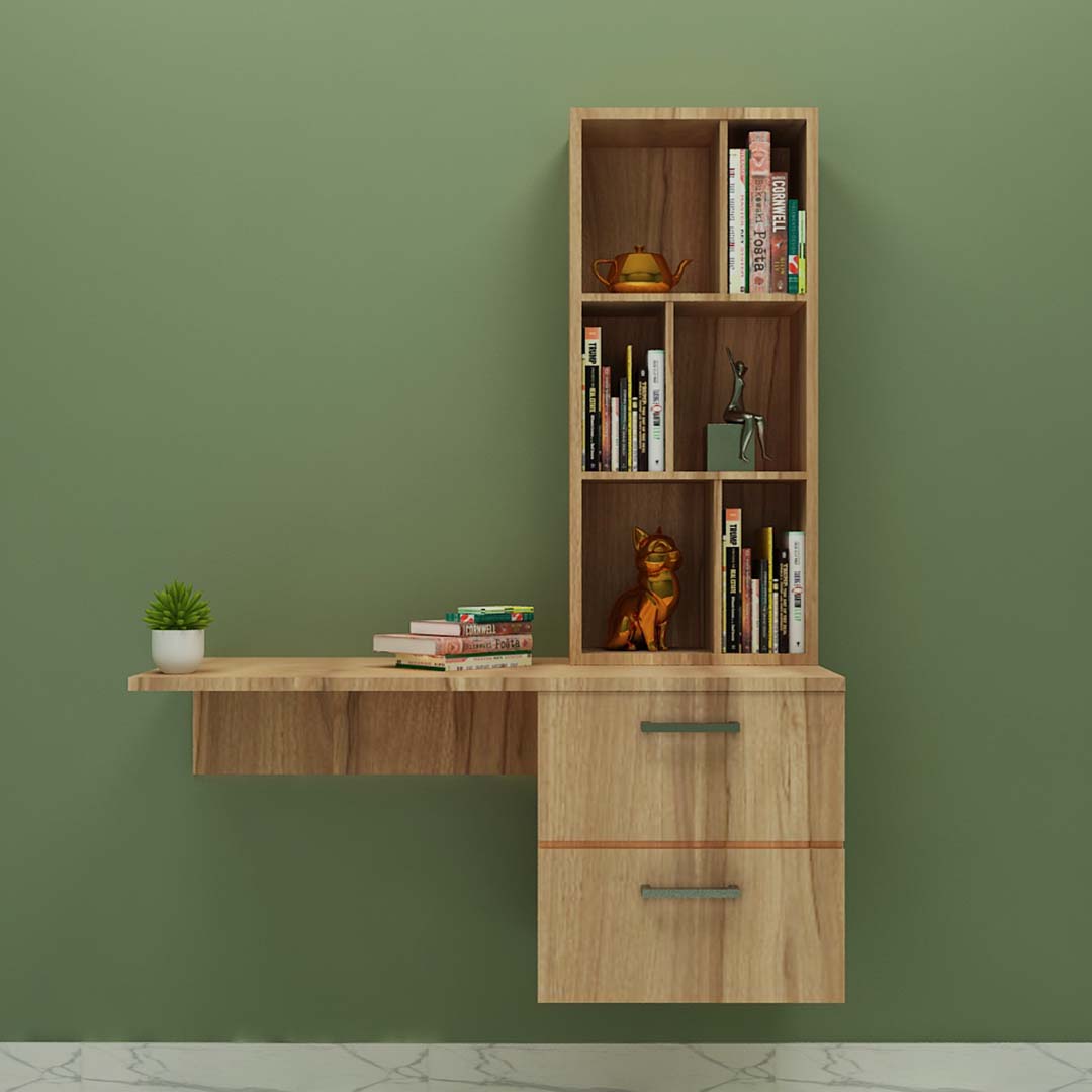 Hanging modern study table with open book case In Classic Planked Walnut Brown