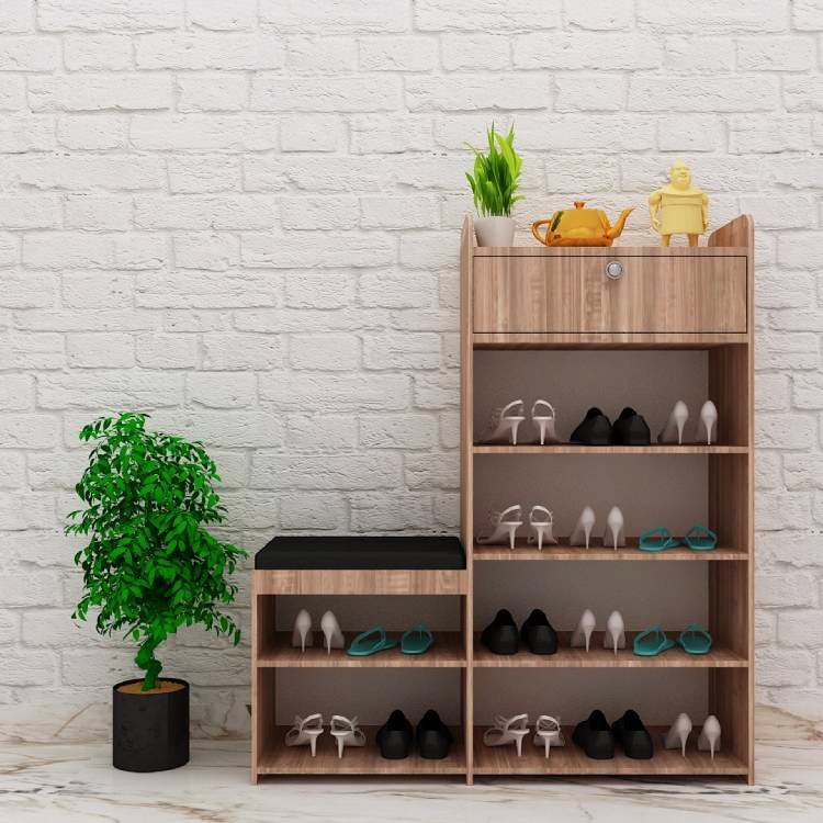 Open Shoe Rack With Sitting In English Oak Dark