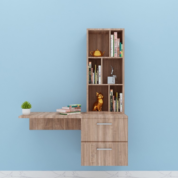 Hanging modern study table with open book case In Rolex Oak Dark