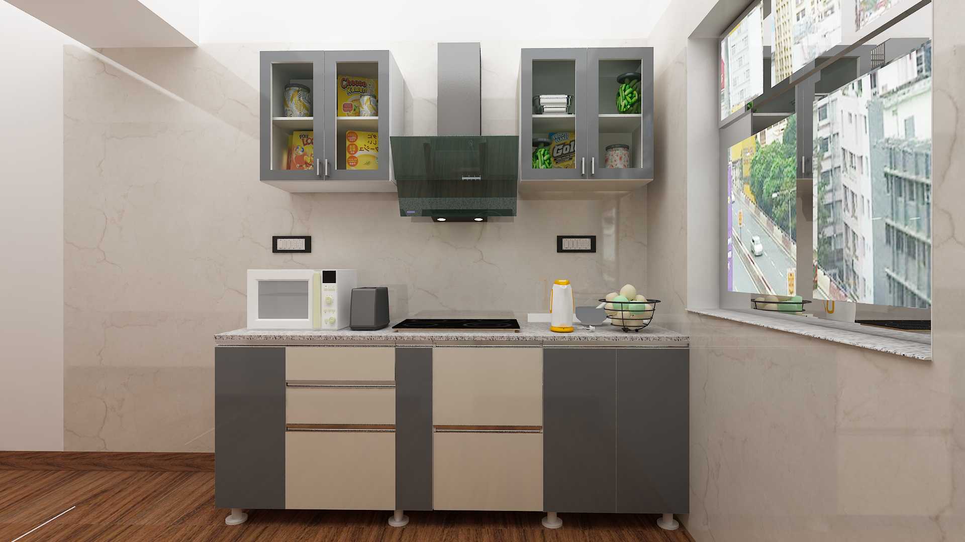 Modular Kitchen in Dark Grey Finish