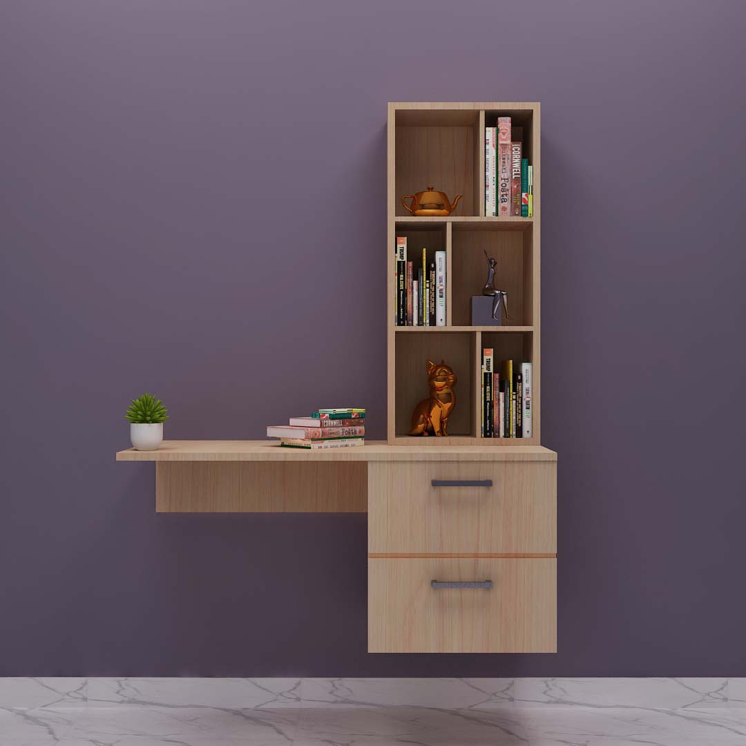 Hanging modern study table with open book case In Fusion Maple