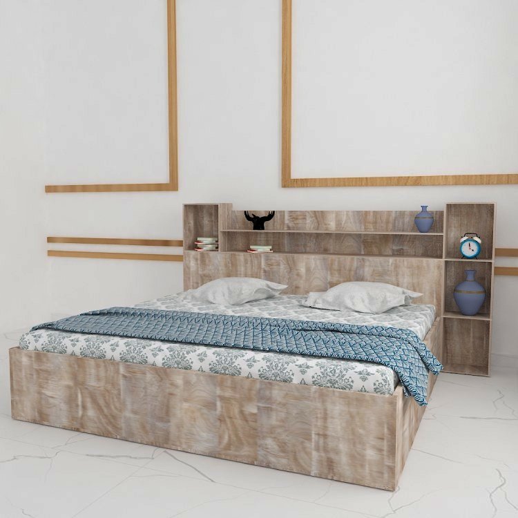 King Size Bed With Box Storage In English Oak Light