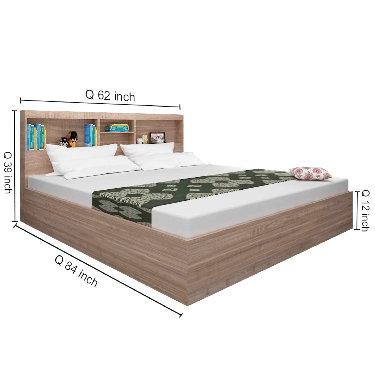 Queen Size Bed with Headboard Storage In English Oak Dark