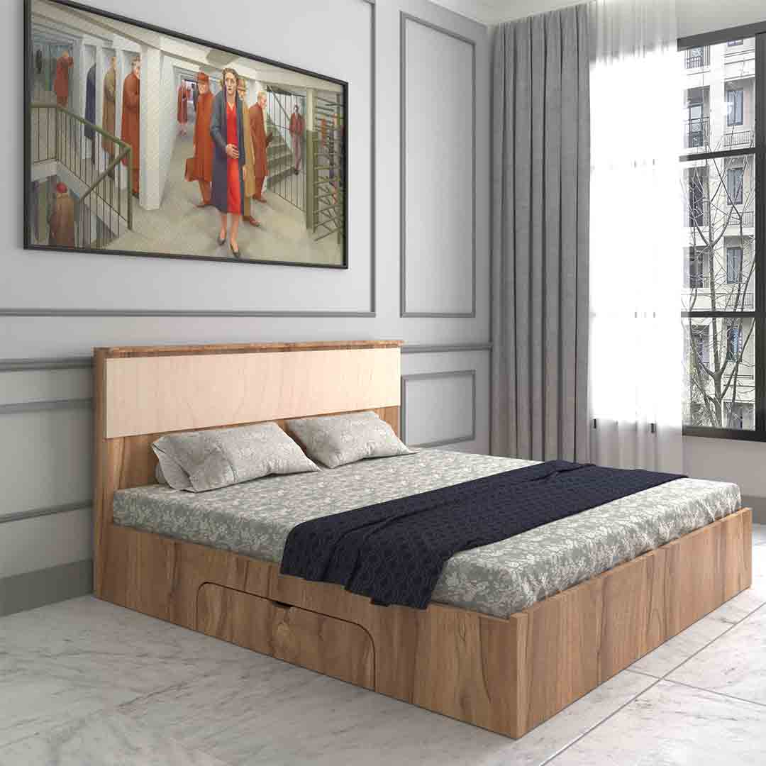 Modern Queen Size Bed With Storage in Asian Walnut Finish