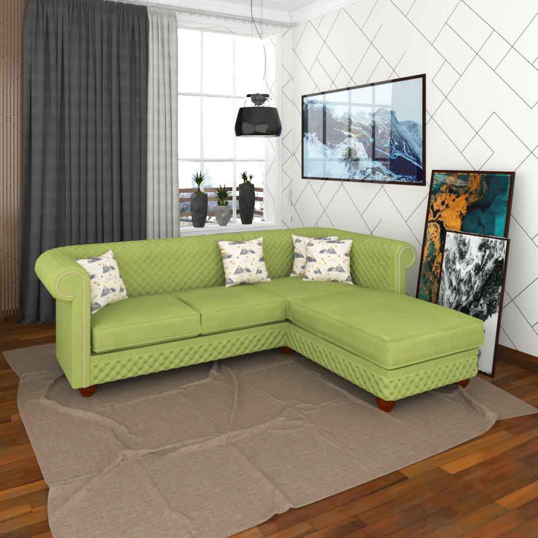 3 Seater LHS Sectional Sofa in Green Color