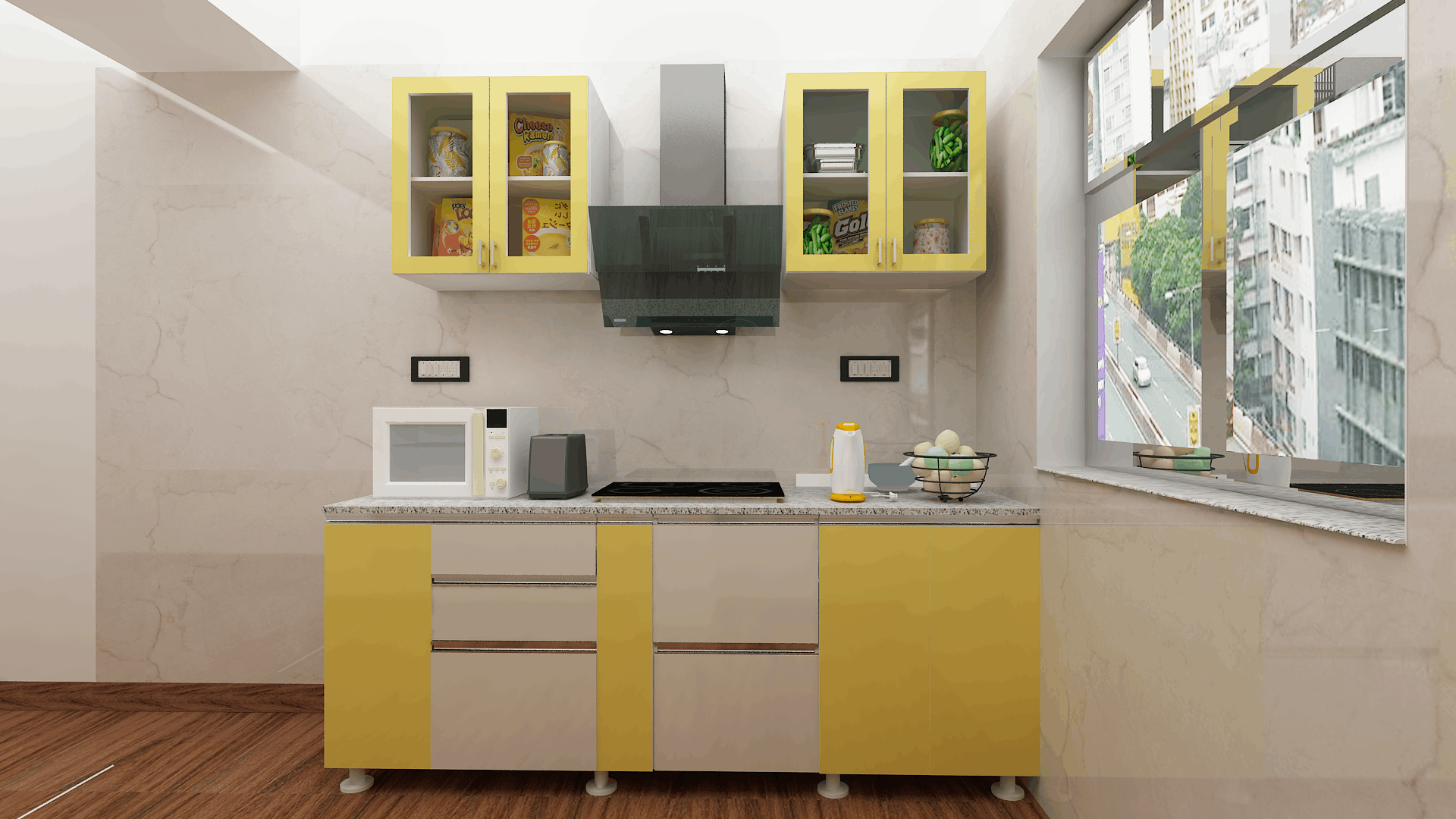 Modular Kitchen in Yellow Glaze Finish