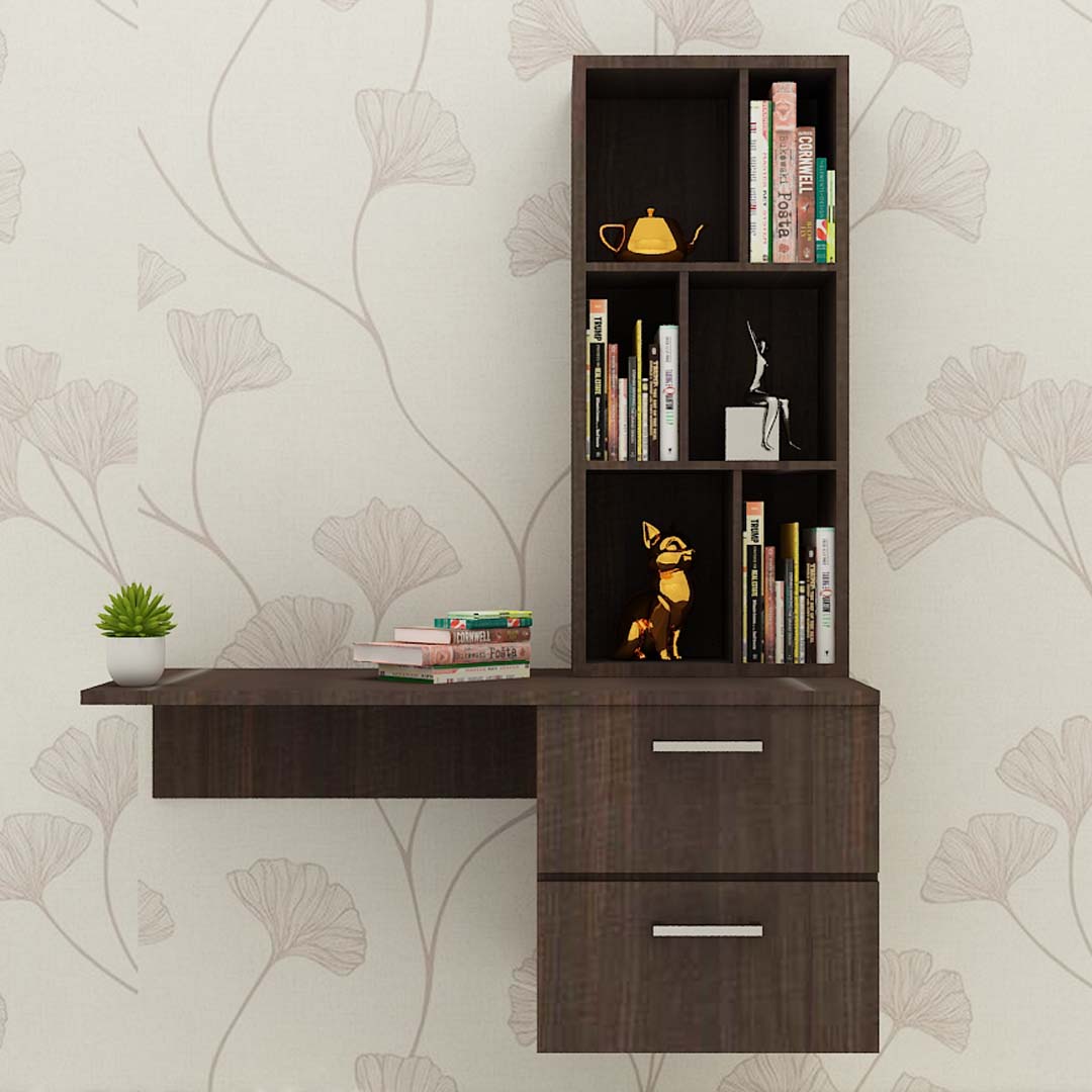 Hanging modern study table with open book case In Sawcut Dark