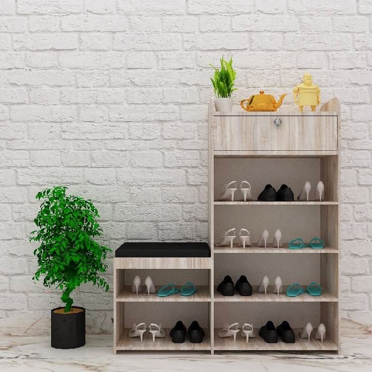 Open Shoe Rack With Sitting  In English Oak Light