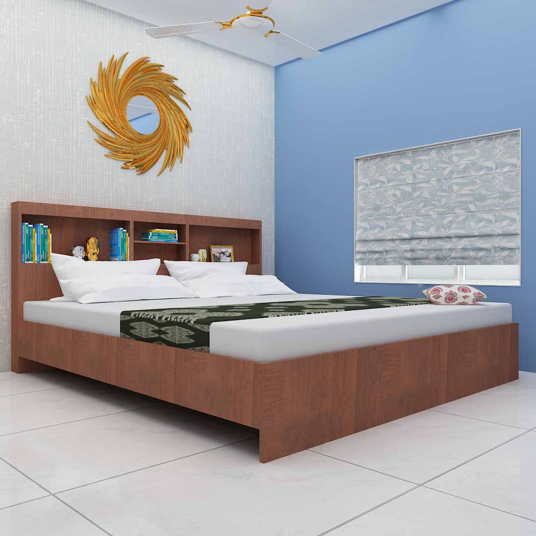 Queen Size Bed with Headboard Storage In Walnut Finish