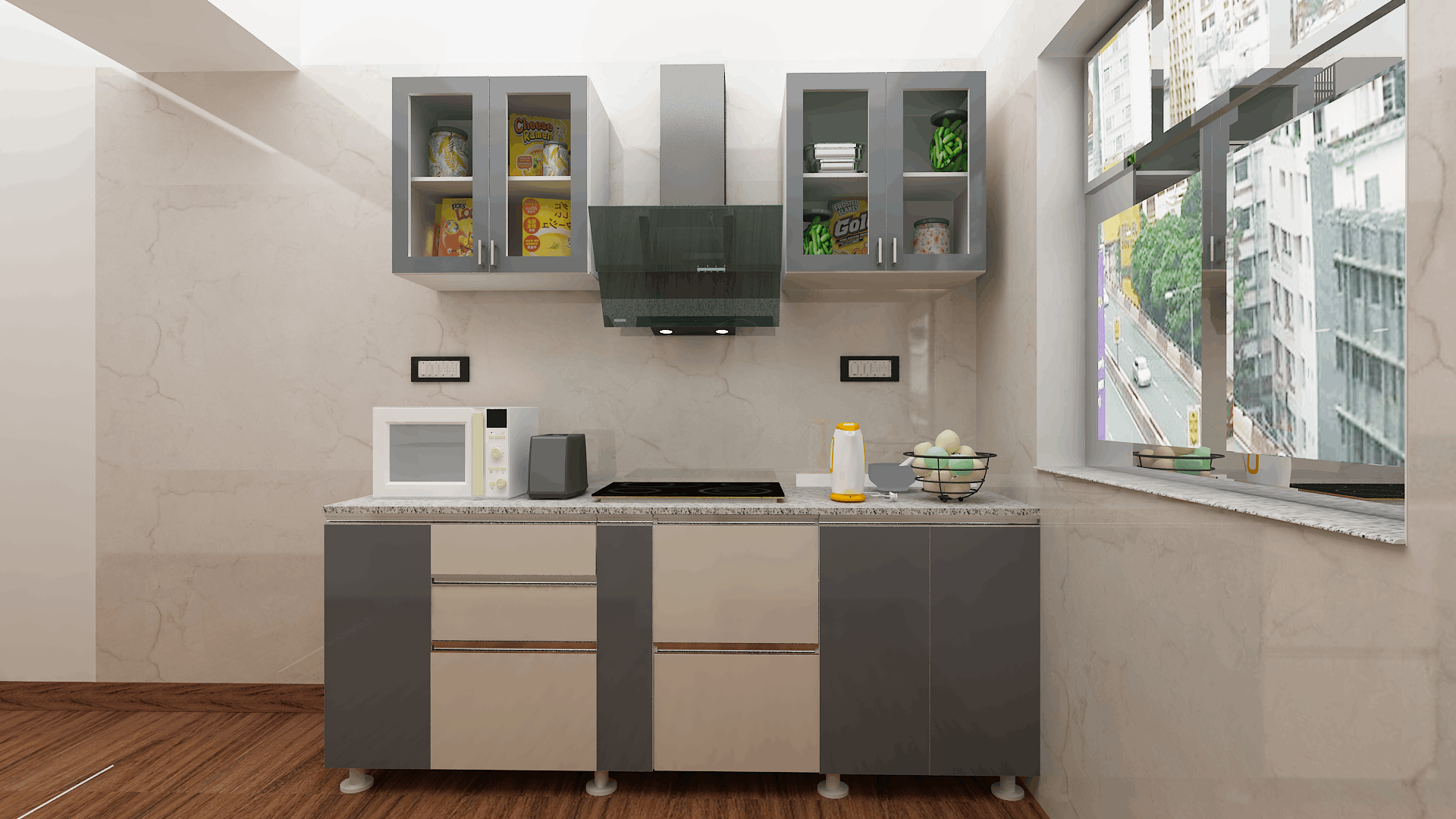 Modular Kitchen in Dark Grey Finish