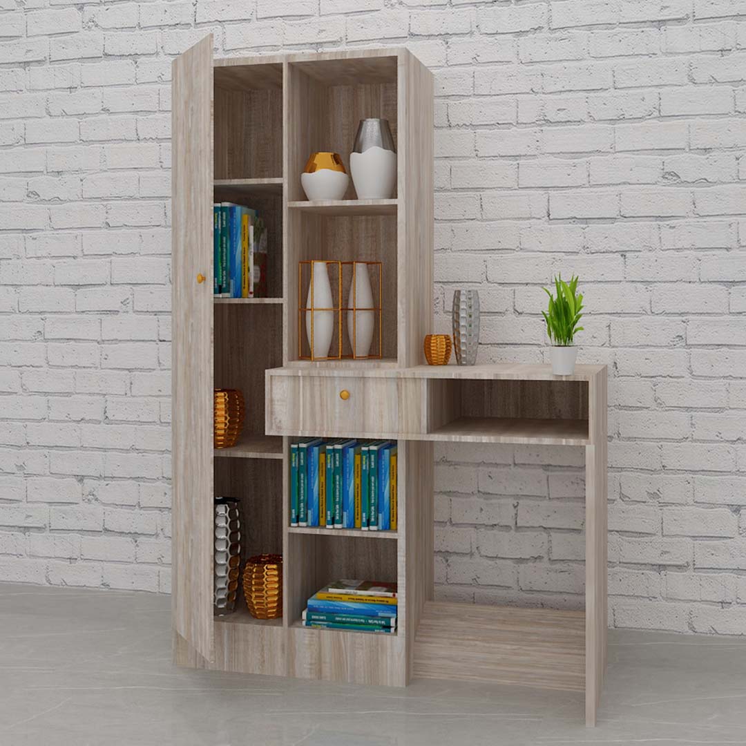 Wooden Office Study Table With Cupboard In English Oak Light