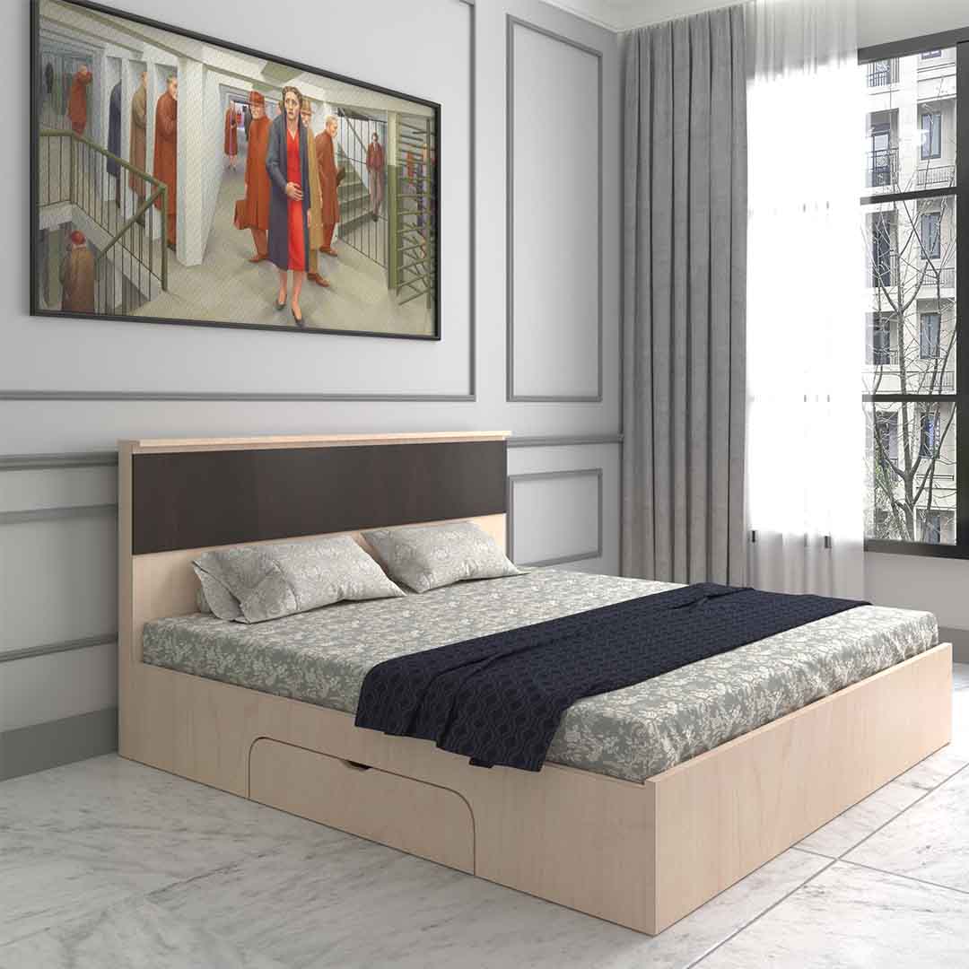 Modern Queen Size Bed With Storage In Maple Finish