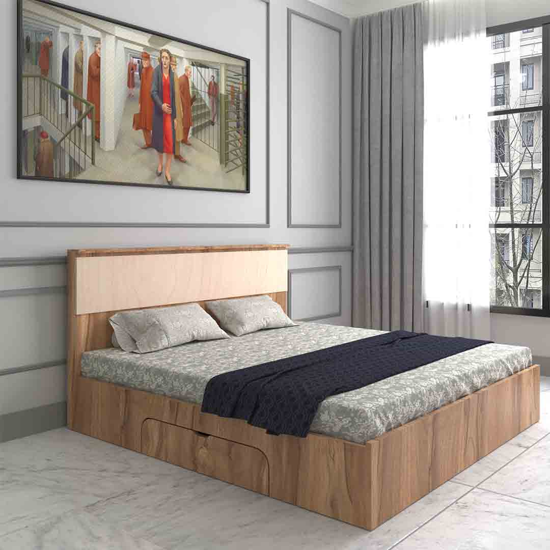 Modren Queen Size Bed With Storage in Asian Walnut Finish