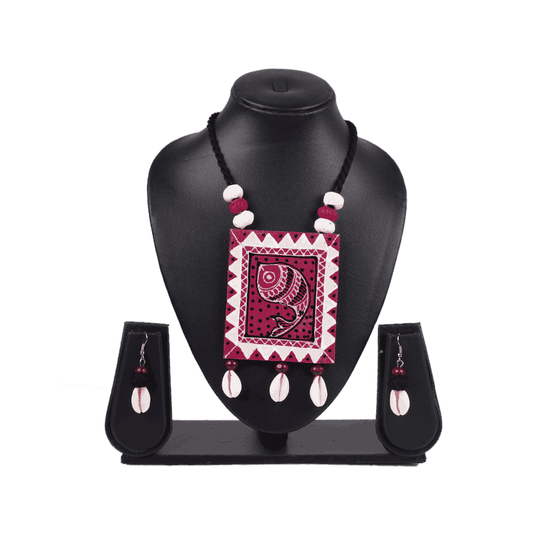 Madhubani Fish Magenta Ceramic Pendant