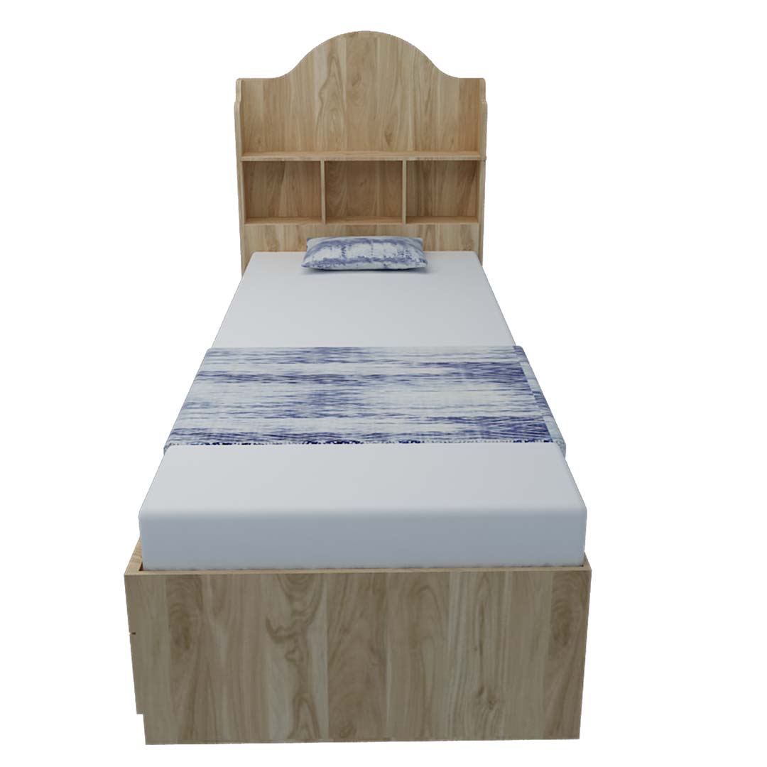 Headboard Storage Engineered Wood Single Bed with Drawers (Sape Walnut Ligith Finish)