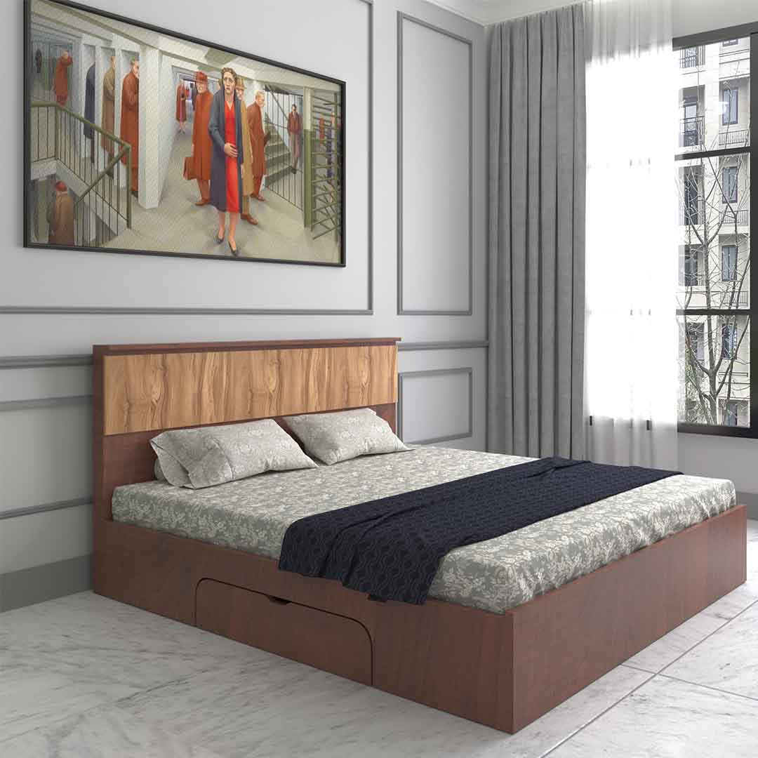 Modern King Size Bed With Storage In Walnut Finish