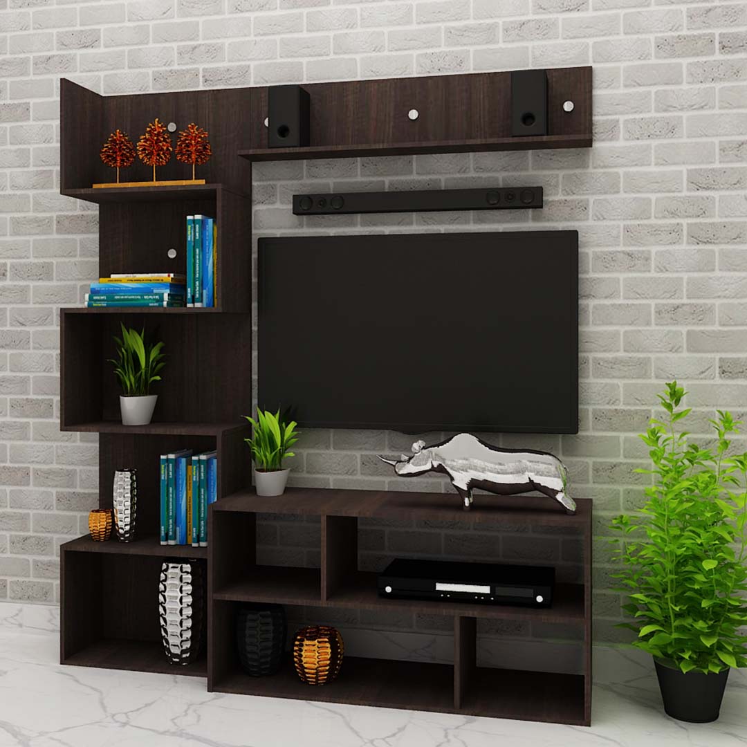 Wooden Modern Tv Unit With Storage (In Sawcut Dark)