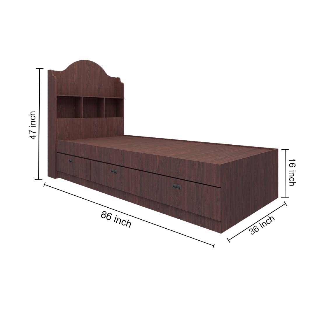 Headboard Storage Engineered Wood Single Bed with Drawers (Rose Wood Finish)