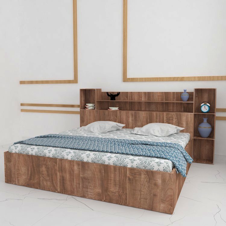 Queen Size Bed With Box Storage In English Oak dark