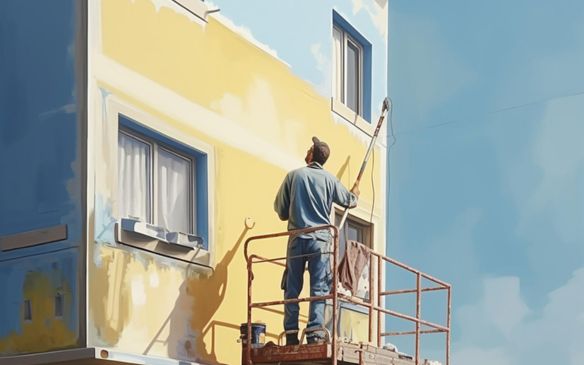 A man using a ladder to paint a building, showcasing his skills in home improvement.