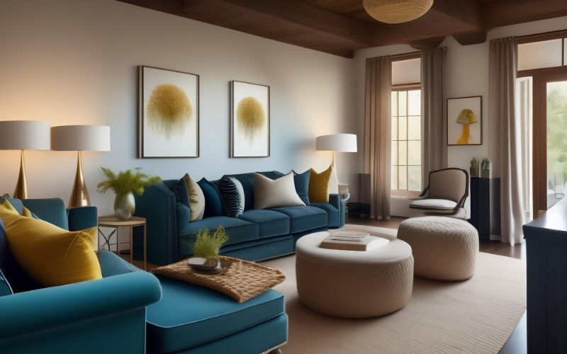 Blue couches with yellow pillows in a stylish living room interior design