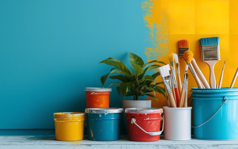 Woman painting a wall with yellow paint.