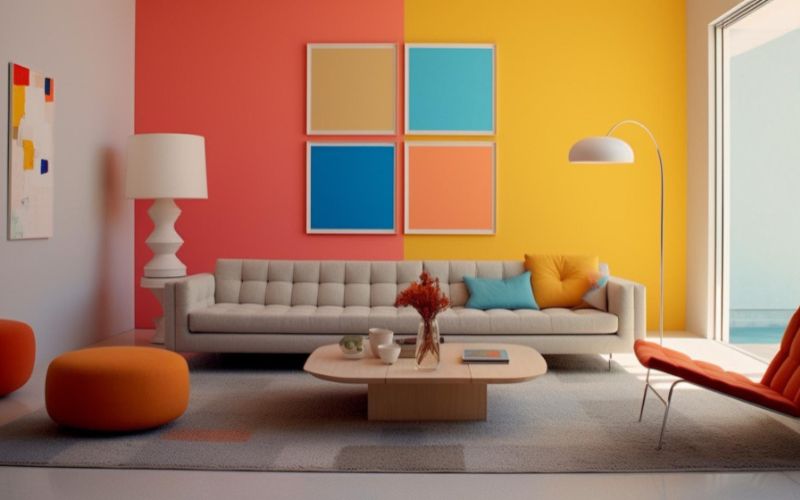A vibrant living room with walls painted in shades of orange, yellow, and blue.