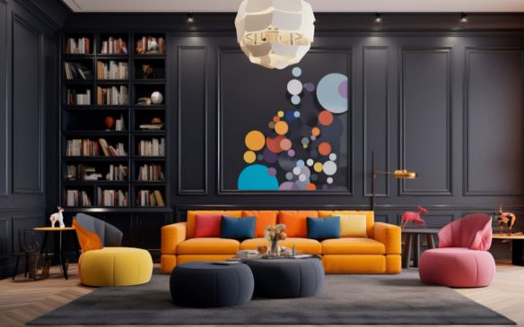 A vibrant living room with black walls and a prominent painting.