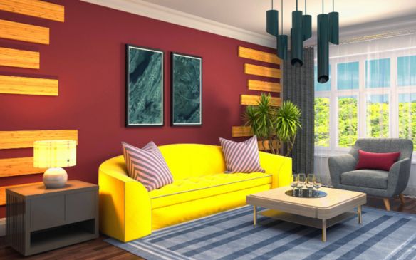 A beautiful living room with yellow furniture and red walls, creating a warm and energetic ambiance