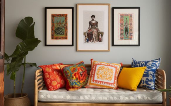 A vibrant sofa with cushions and a plant placed in front of a wall.