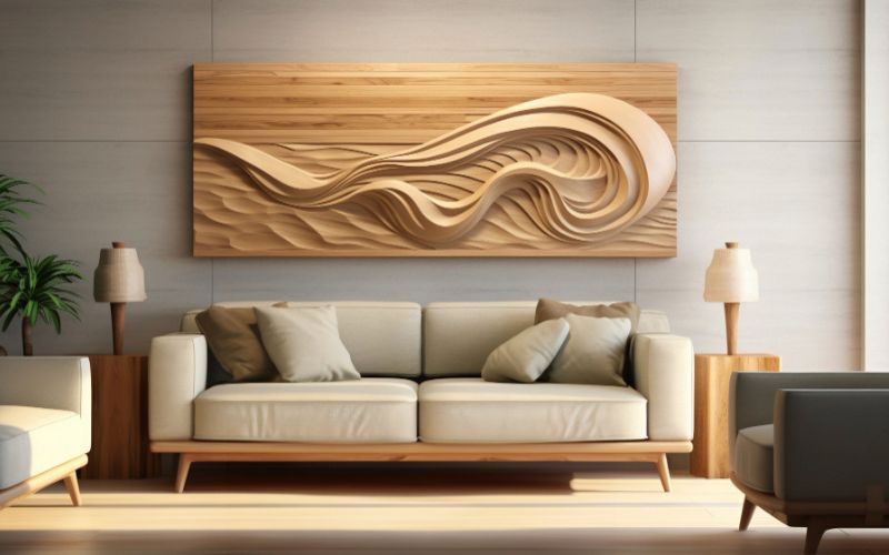 A cozy living room with a large wooden wall art piece hanging above a comfortable sofa.