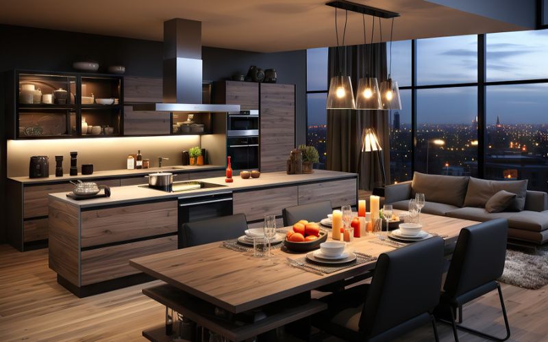 Modern kitchen and dining area with a stunning city view.
