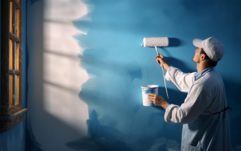 A man using a roller to paint a wall in a focused manner.