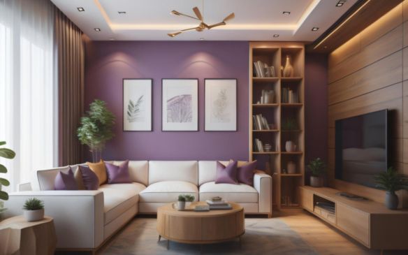 A stylish living room with purple walls and white furniture, showcasing modern interior design.